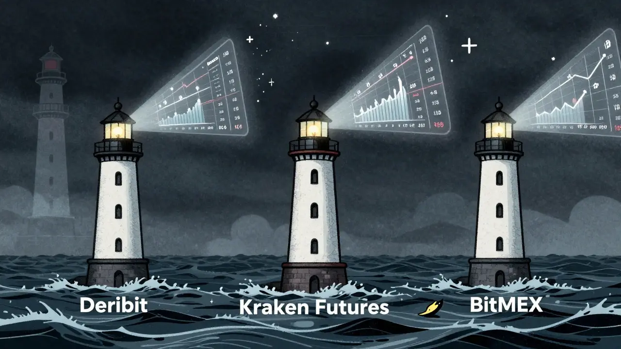Three modern exchanges as lighthouses shining clear data beams, while ZUBR's ghostly tower fades in the fog.