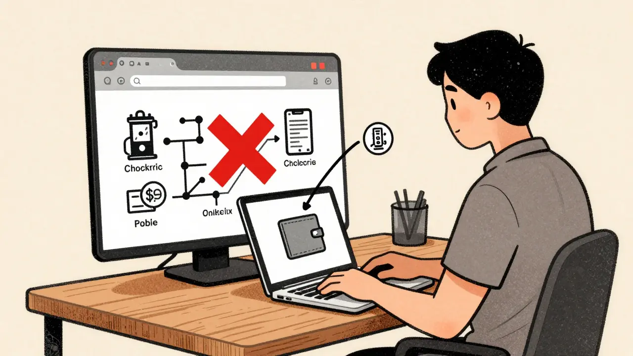 Trader connecting a wallet to a simple blockchain diagram with low gas fees shown.