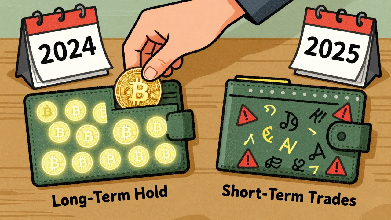 Two digital wallets: one organized for long-term crypto holds, the other chaotic with short-term trades.