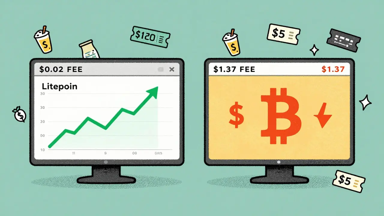 Two merchant dashboards compare Litecoin’s low fees and fast transactions against Bitcoin’s high costs and delays, with floating microtransactions.