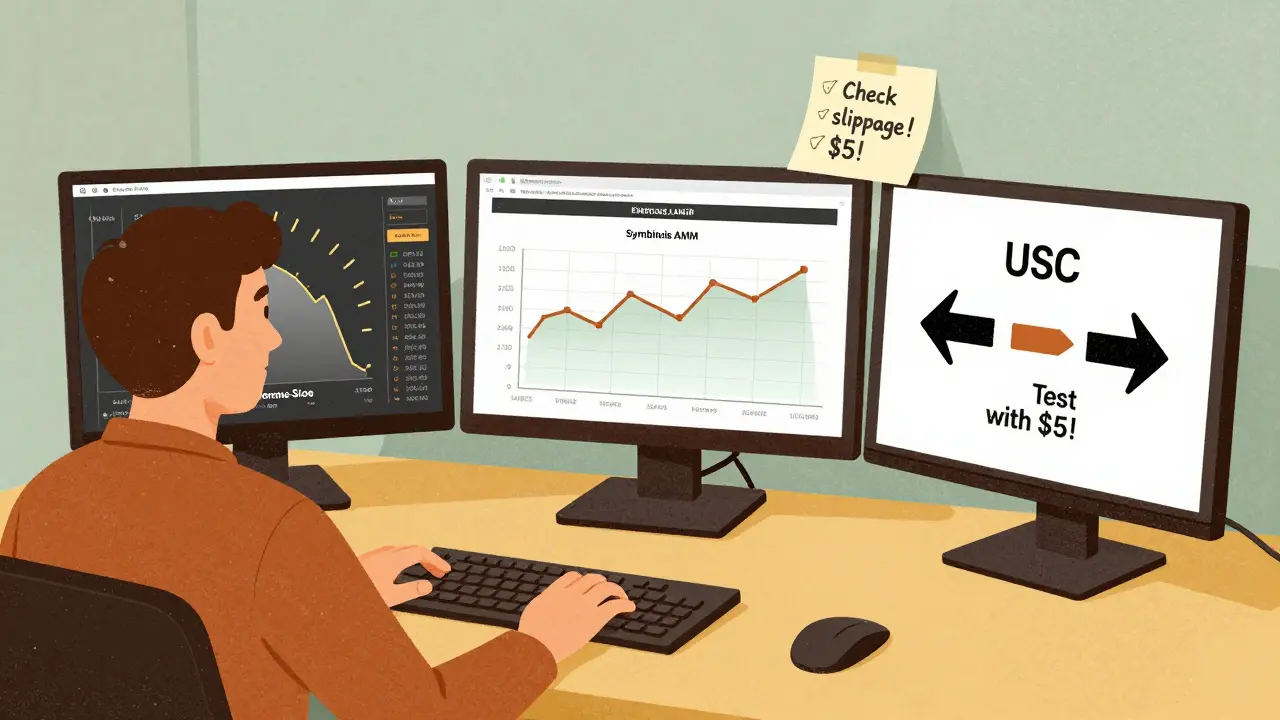 User monitoring crypto bridge metrics across three screens with checklist sticky notes.