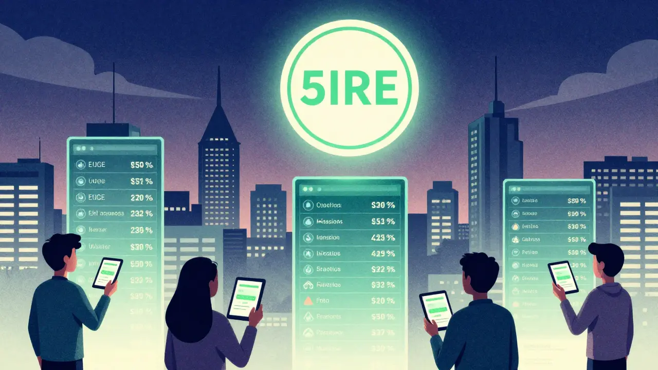 A city skyline with buildings displaying live ESG data, illuminated by a glowing 5IRE token above.