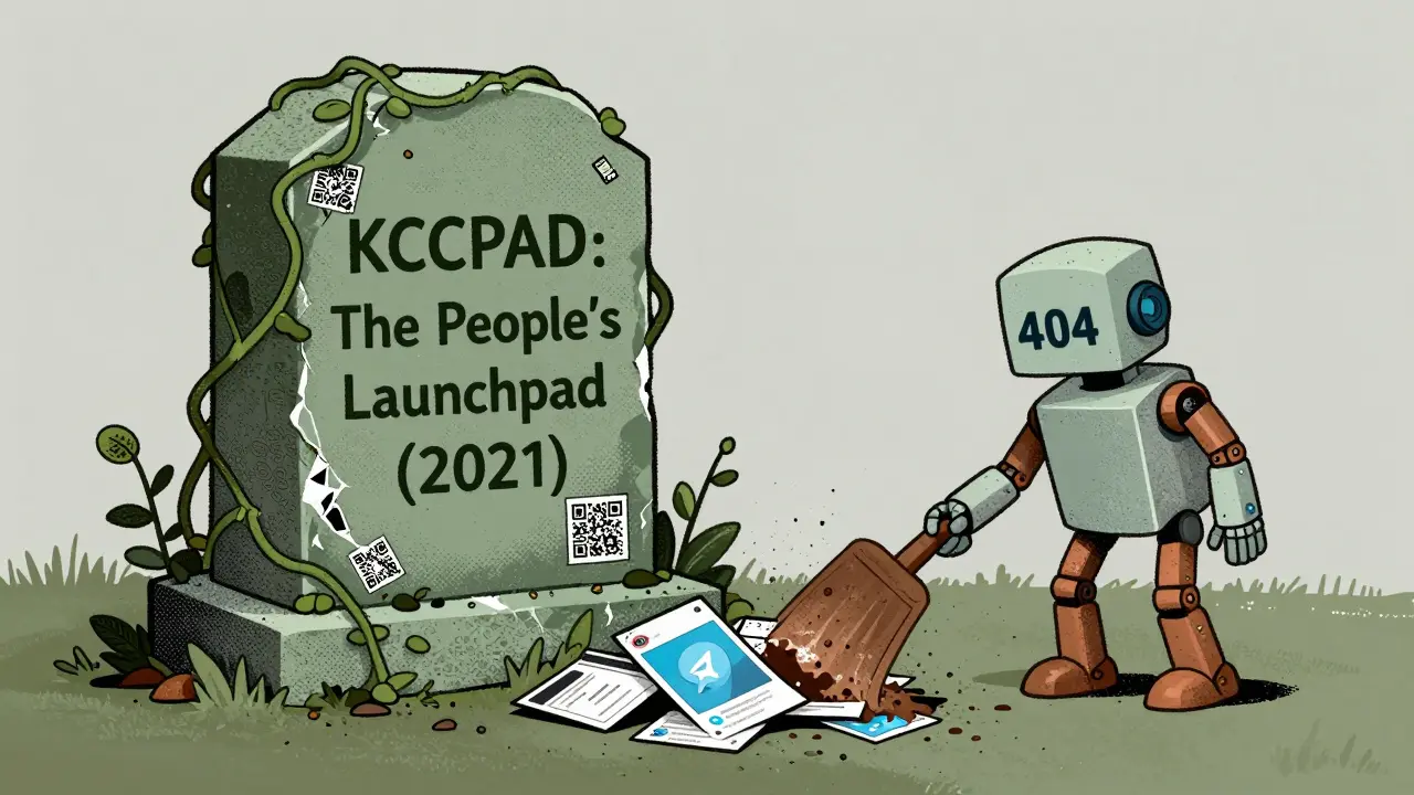 A cracked tombstone for KCCPAD covered in digital vines and broken QR codes, robot sweeping ashes.
