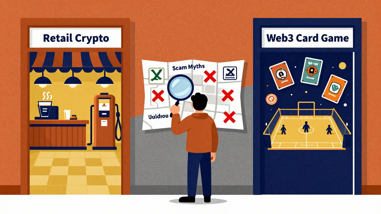 A figure choosing between retail crypto and web3 gaming paths, examining a map of scam myths.