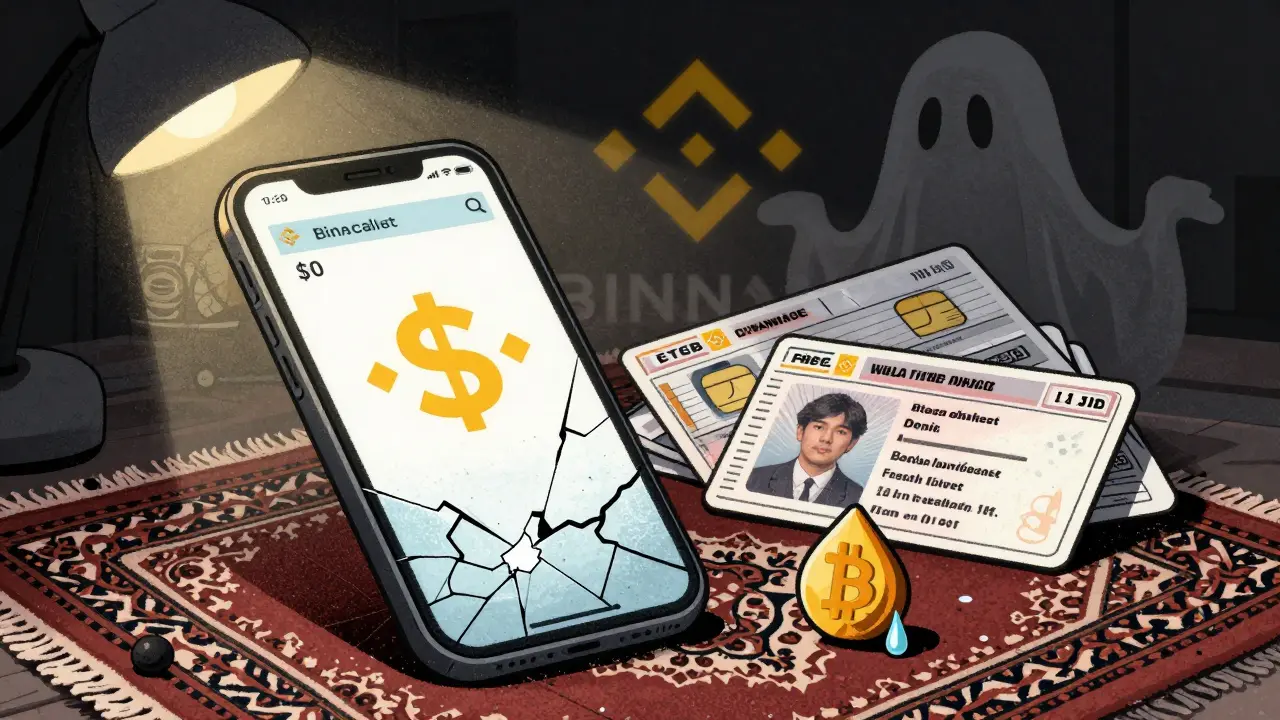 A frozen crypto wallet shows <h2>What’s Next?</h2> as fake IDs and SIM cards pile up beneath, a Bitcoin tear falls on a rug.