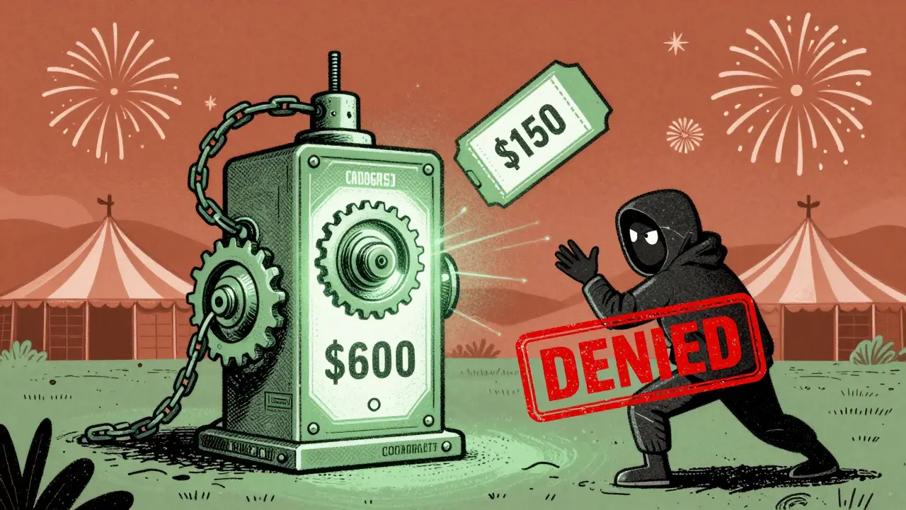 A smart contract machine blocks a scalper from inflating an NFT ticket price, with festival backdrops and red denial stamp.