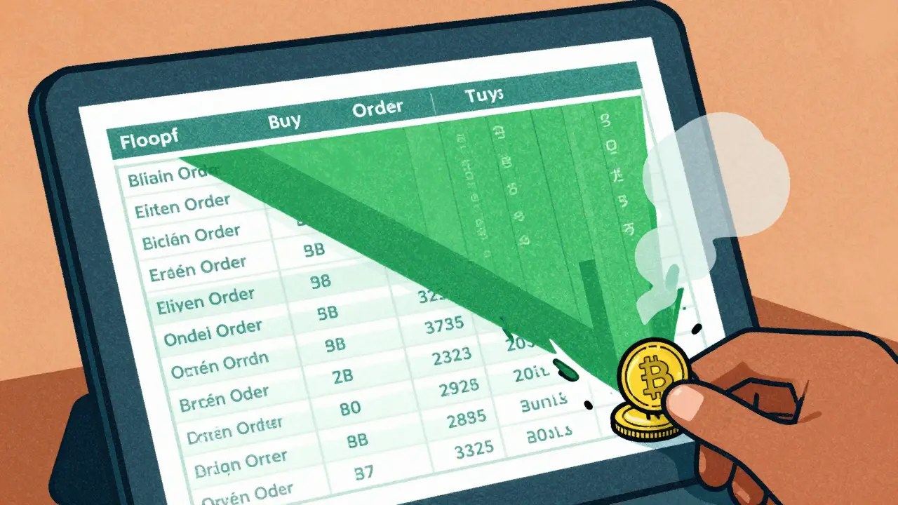 A spoofing order vanishing from a crypto order book while a real buyer takes advantage, shown in textured risograph style.