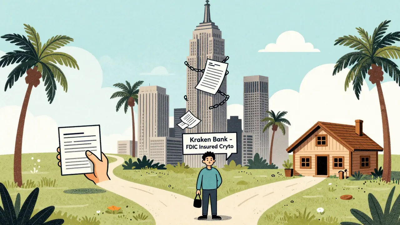 A startup founder choosing between a restrictive New York building, a friendly Wyoming cabin, and a calm California path, illustrated in risograph textures.