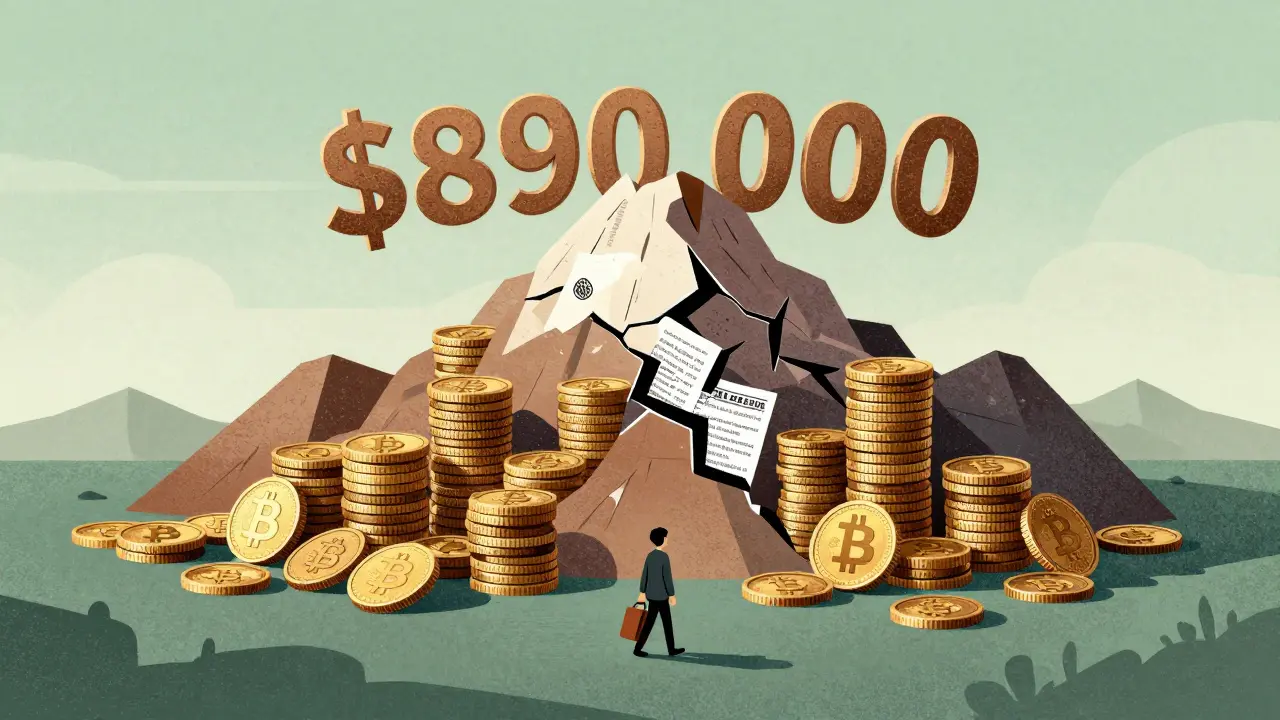 A tiny figure walks away from a mountain of crypto coins split by the 0,000 tax exclusion line.