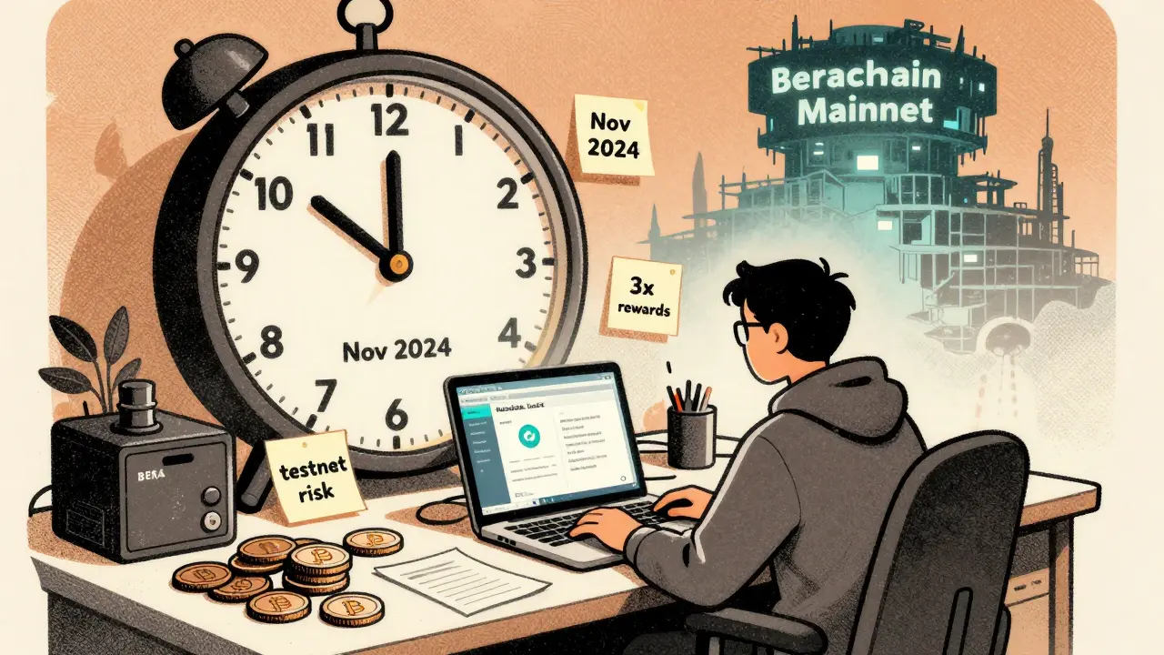 A trader at a desk with testnet tokens and a looming mainnet structure in the background.