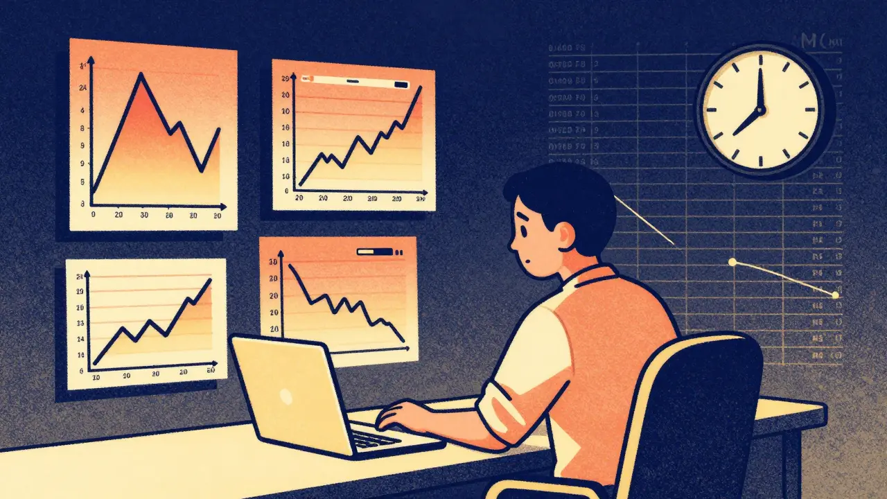 A trader observing a thinning order book at night, with heatmaps and depth charts floating nearby in risograph aesthetic.