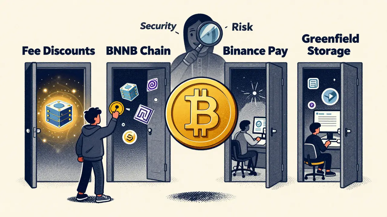 A trader using a BNB token to unlock ecosystem features, with a shadowy SEC figure watching in the background.