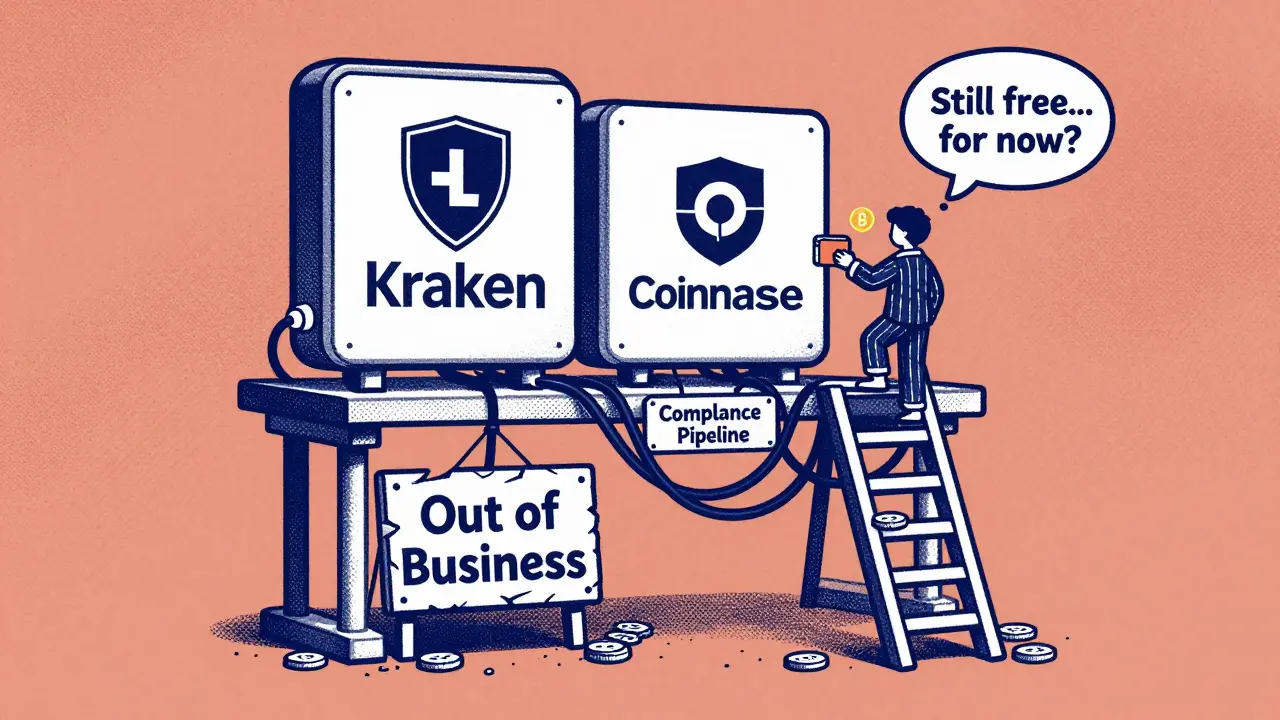 A two-tier crypto market: small businesses failing at the bottom, compliant giants at the top in risograph illustration.