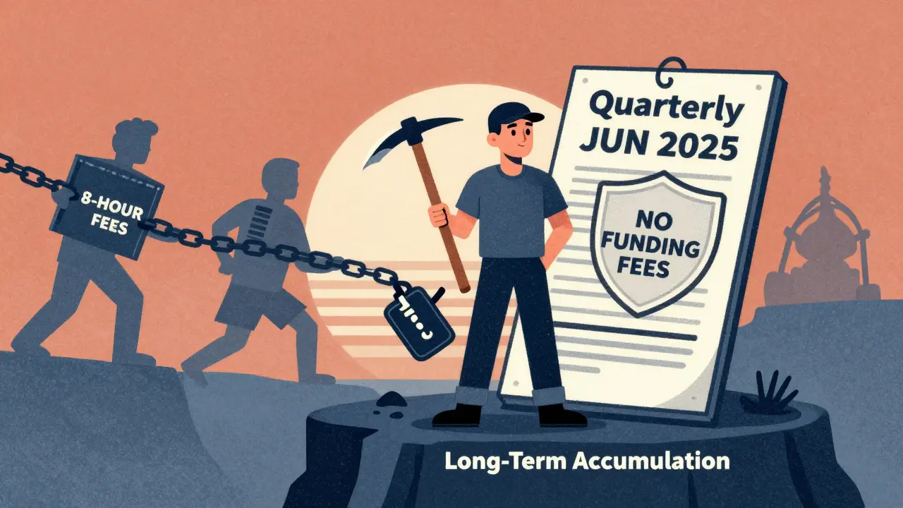 Bitcoin miner holding a quarterly futures contract with 'No Funding Fees' shield, standing on a cliff.