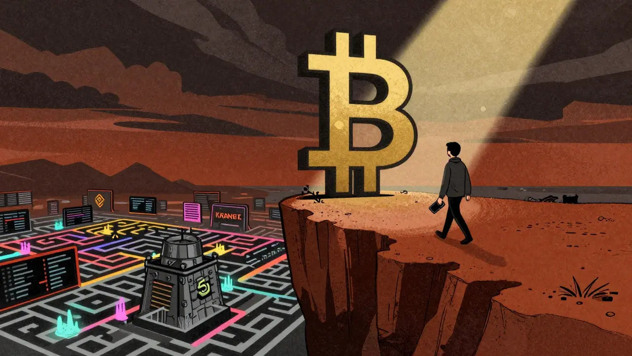 Bitfinex logo on cliff overlooking rival exchanges, user walking away with hardware wallet