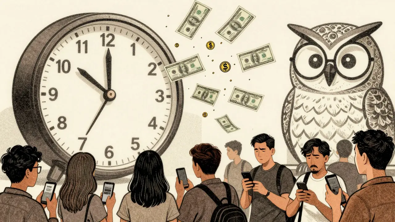 Clock labeled '2026' with ,000 bills splitting into five transfers, users pausing on phones under a watchful owl.