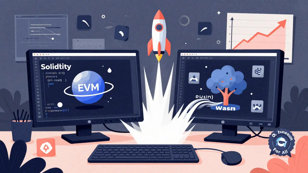 Developer coding on two screens with EVM and Wasm icons, staking tokens, and Astar 2.0 rocket in background