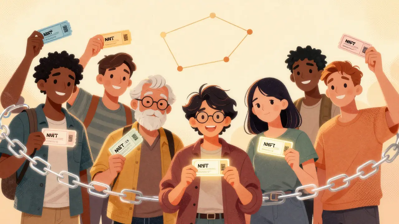 Diverse fans holding NFT tickets that unlock exclusive content, surrounded by a glowing blockchain ribbon under golden light.