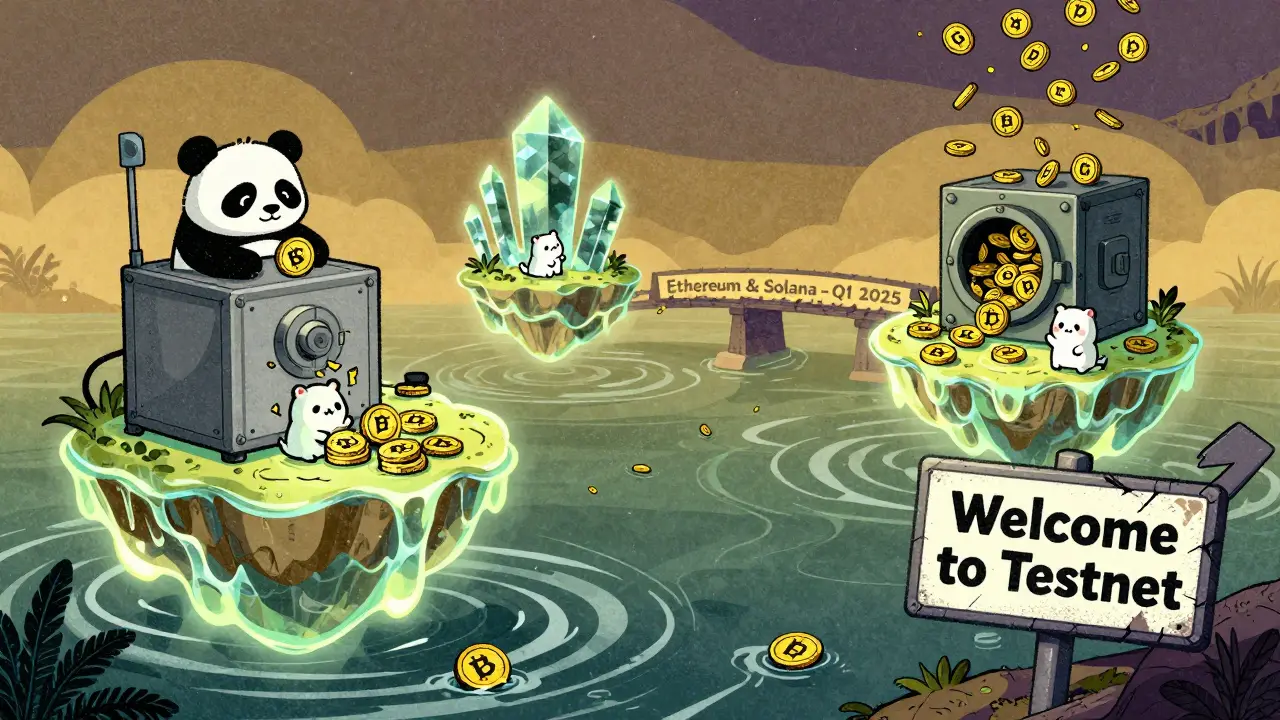 Floating liquidity islands with memecoins and BGT rewards under a fading bridge to other blockchains.