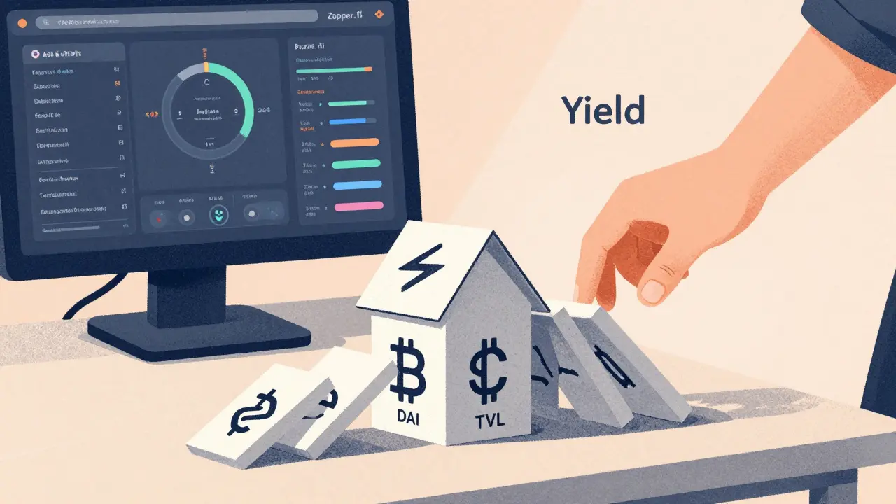 Fragile house of crypto cards about to collapse, with a calm observer using a monitoring dashboard in the background.