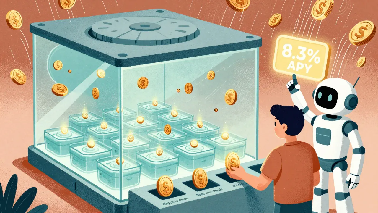 Futuristic Solana vault with bin-pools, user placing SOL/USDC into Beginner Mode as a robot guides them to 8.3% APY.