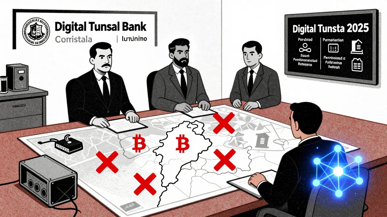 Government officials stamping red Xs over crypto symbols on a map of Tunisia, with a faint blockchain glow in the corner.