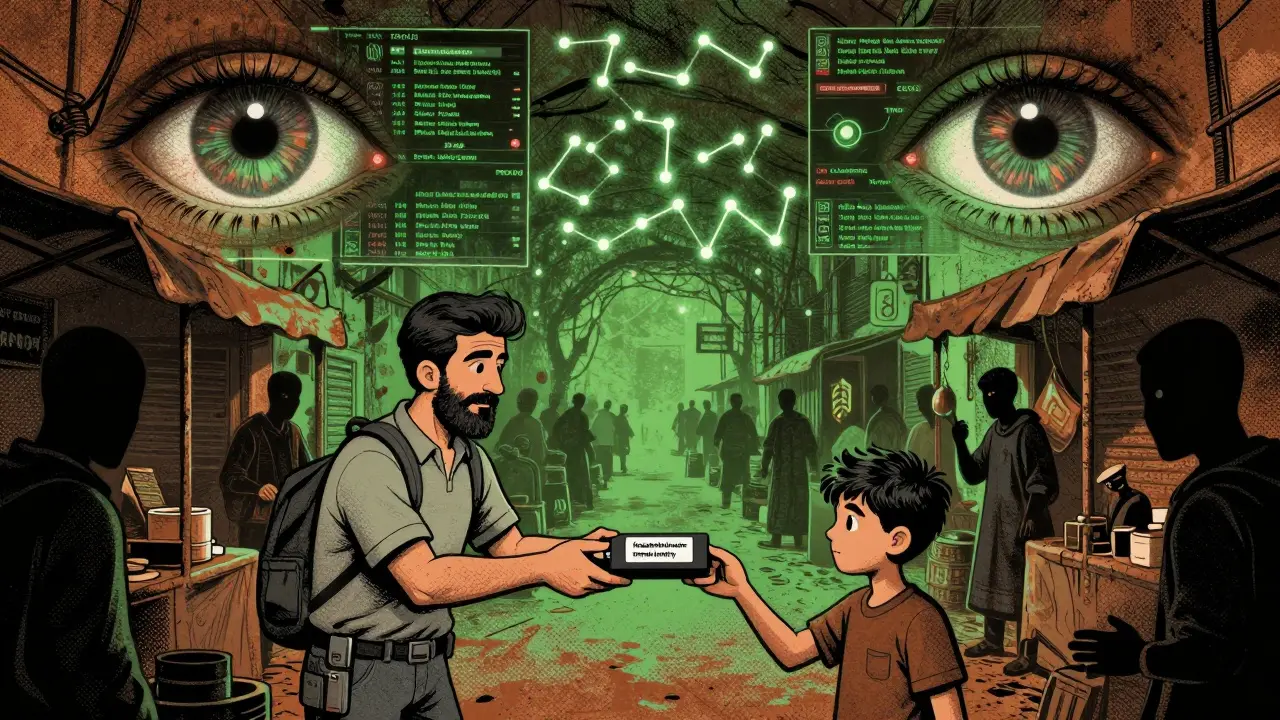 Iranians exchange underground crypto kits in a shadowy market as blockchain eyes monitor transactions above.