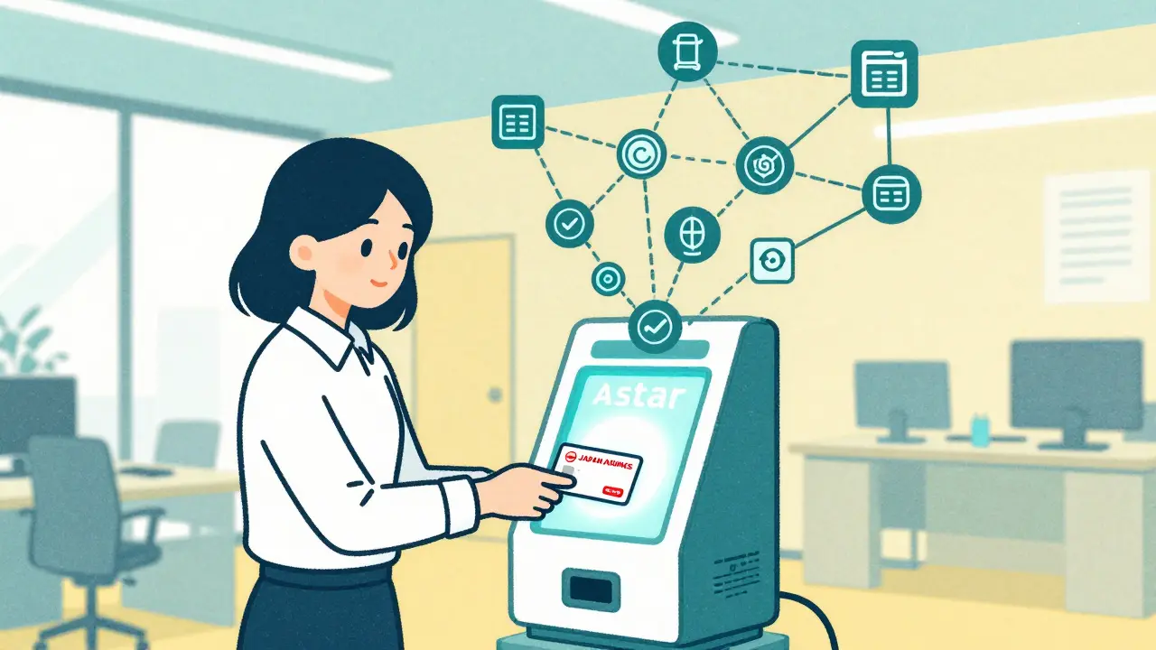 Japanese businesswoman using Astar to connect airline loyalty points with digital blockchain network