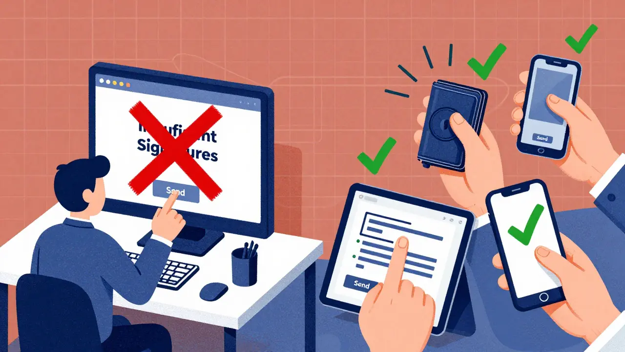 One employee blocked from sending funds, while three others successfully approve the same transaction.