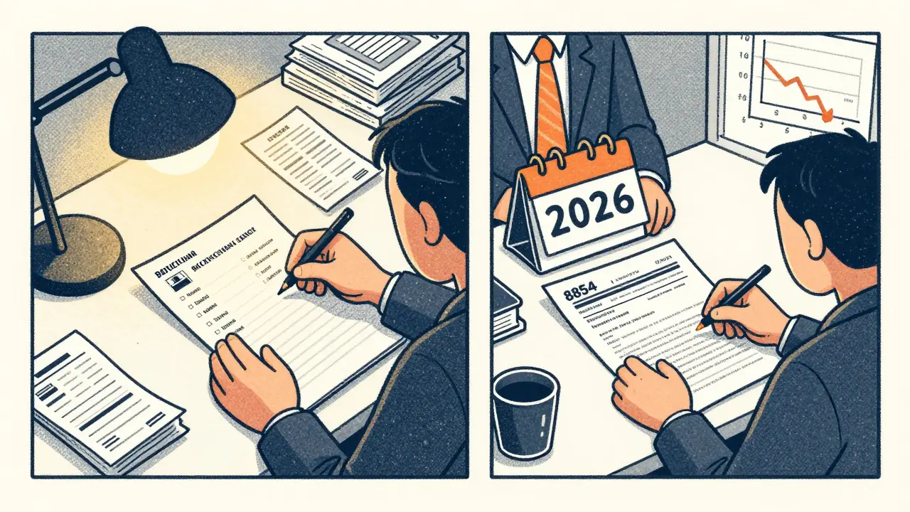 Someone organizing crypto records and filing tax forms with a professional, calendar showing 2026.