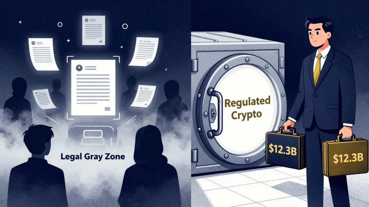 Split scene: chaotic DeFi fog vs. institutional investors depositing money into a regulated crypto vault.