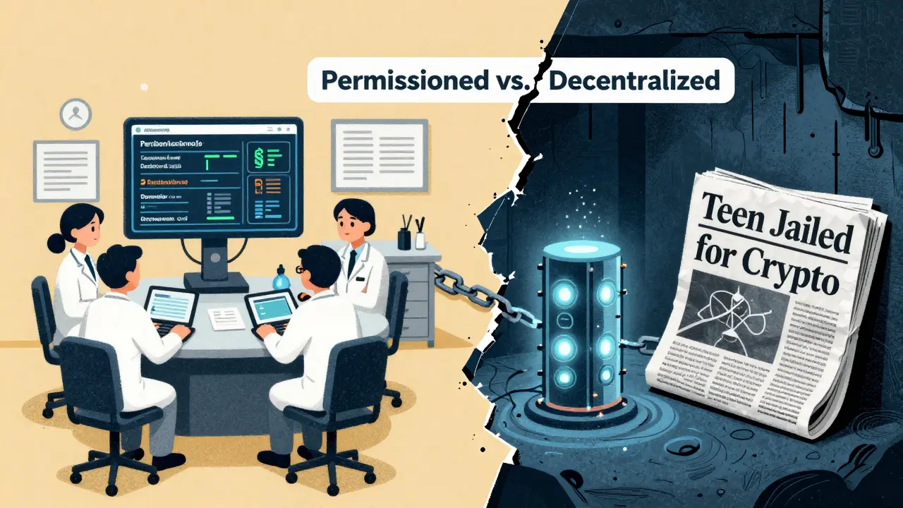 Split scene: government blockchain lab on left, hidden crypto rig on right, broken chain between.