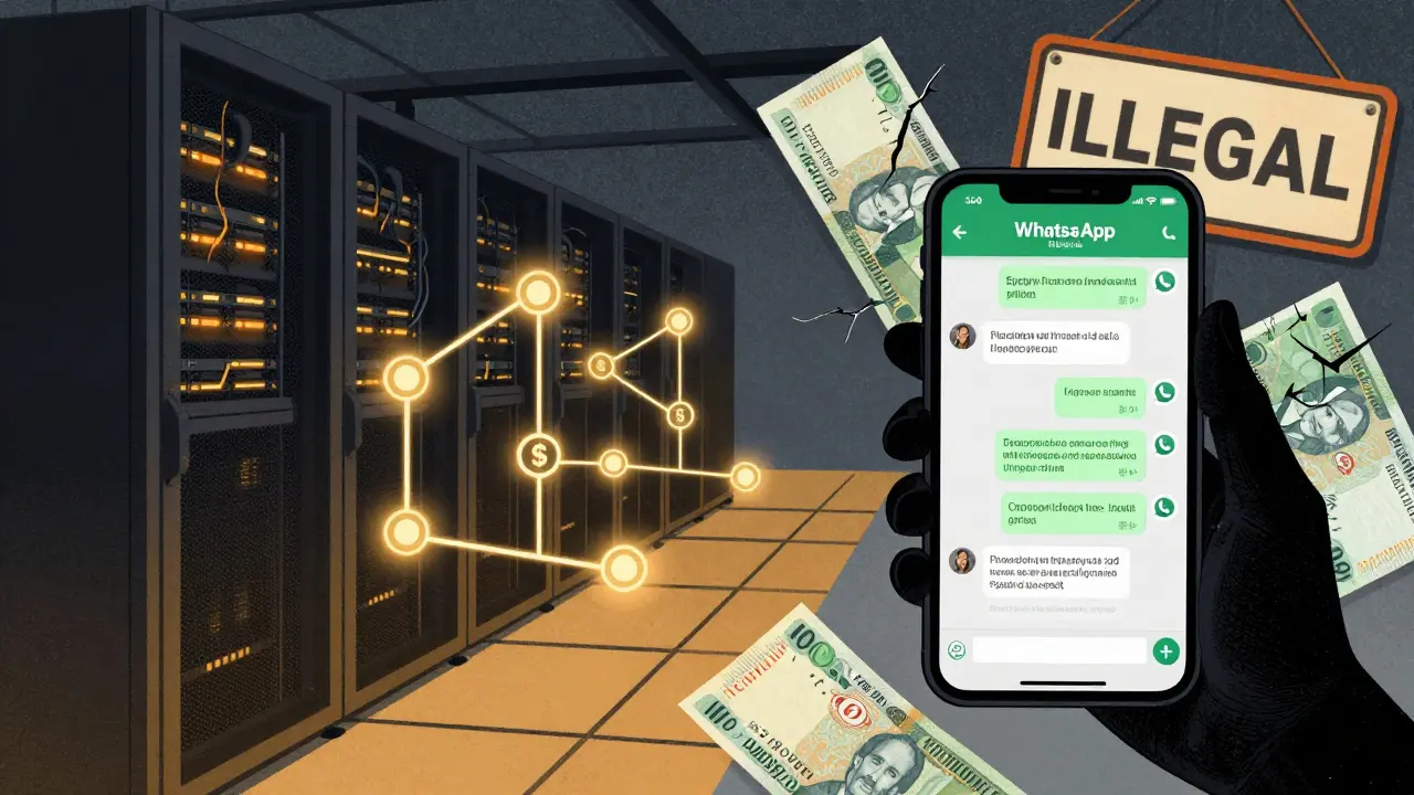 Split scene: offshore blockchain servers on one side, hidden crypto chat on a phone on the other, surrounded by torn dinar bills.