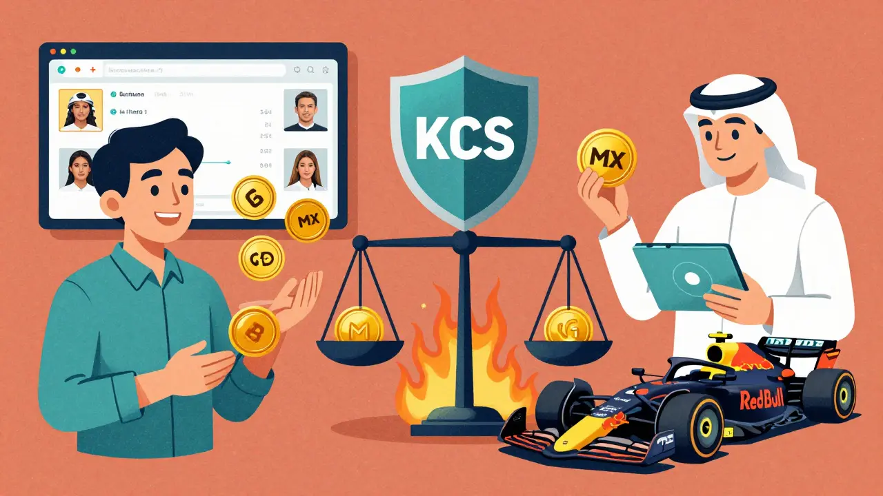 Split scene: Southeast Asian copy-trader with BGB, Middle Eastern user with GT and F1 car, and a balance scale between KCS shield and MX altcoins.