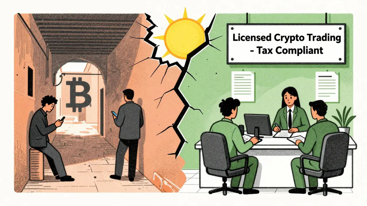 Split scene: underground crypto trade vs. licensed compliant trading under sunrise.