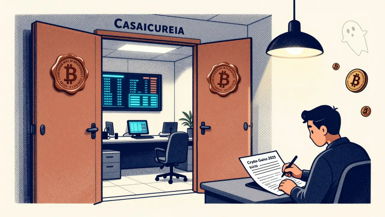 Trader fills out crypto tax forms in a sealed exchange office with glowing screens.