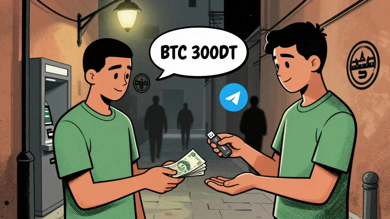 Two people exchange cash and USB drive in alley, hidden Telegram chat visible above.