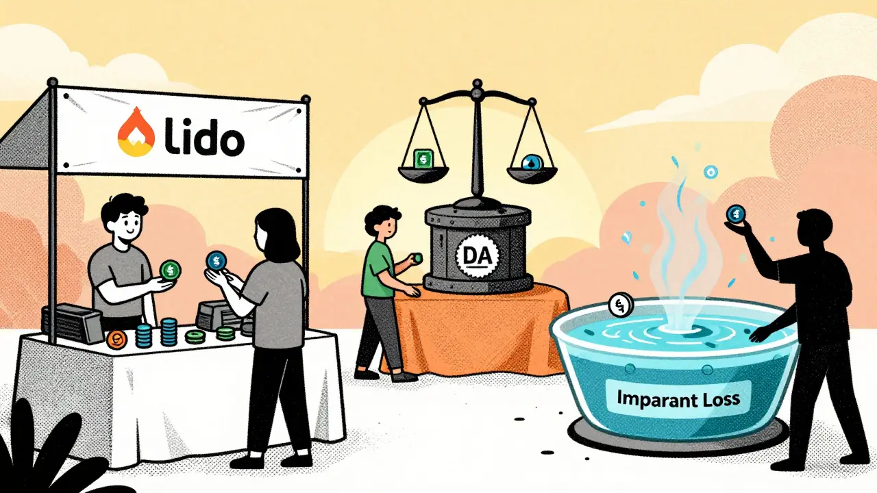 Whimsical DeFi marketplace with users trading tokens at stalls under Lido, MakerDAO, and Curve banners.