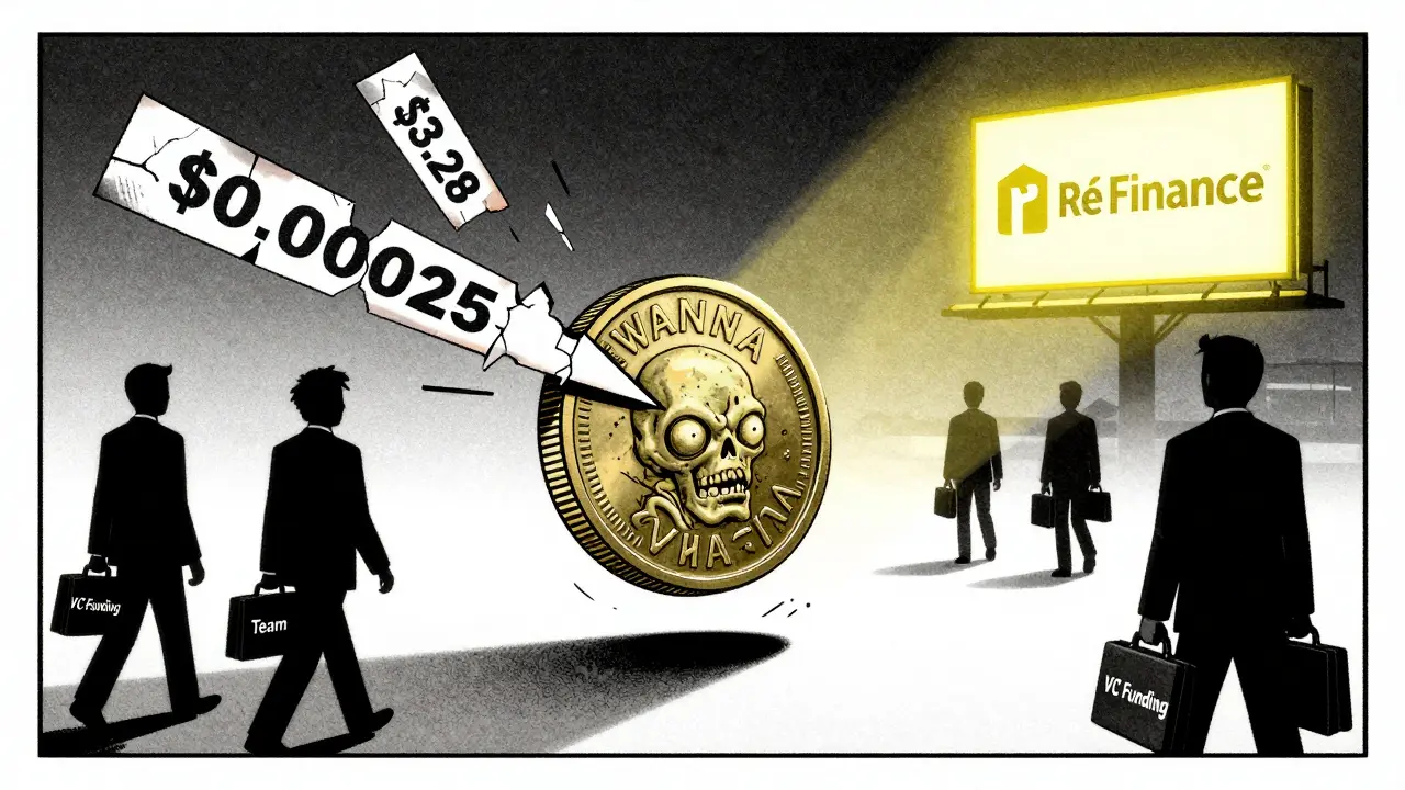 Zombie WANNA token coin sinking in value amid abandoned VC briefcases and glowing competitors.