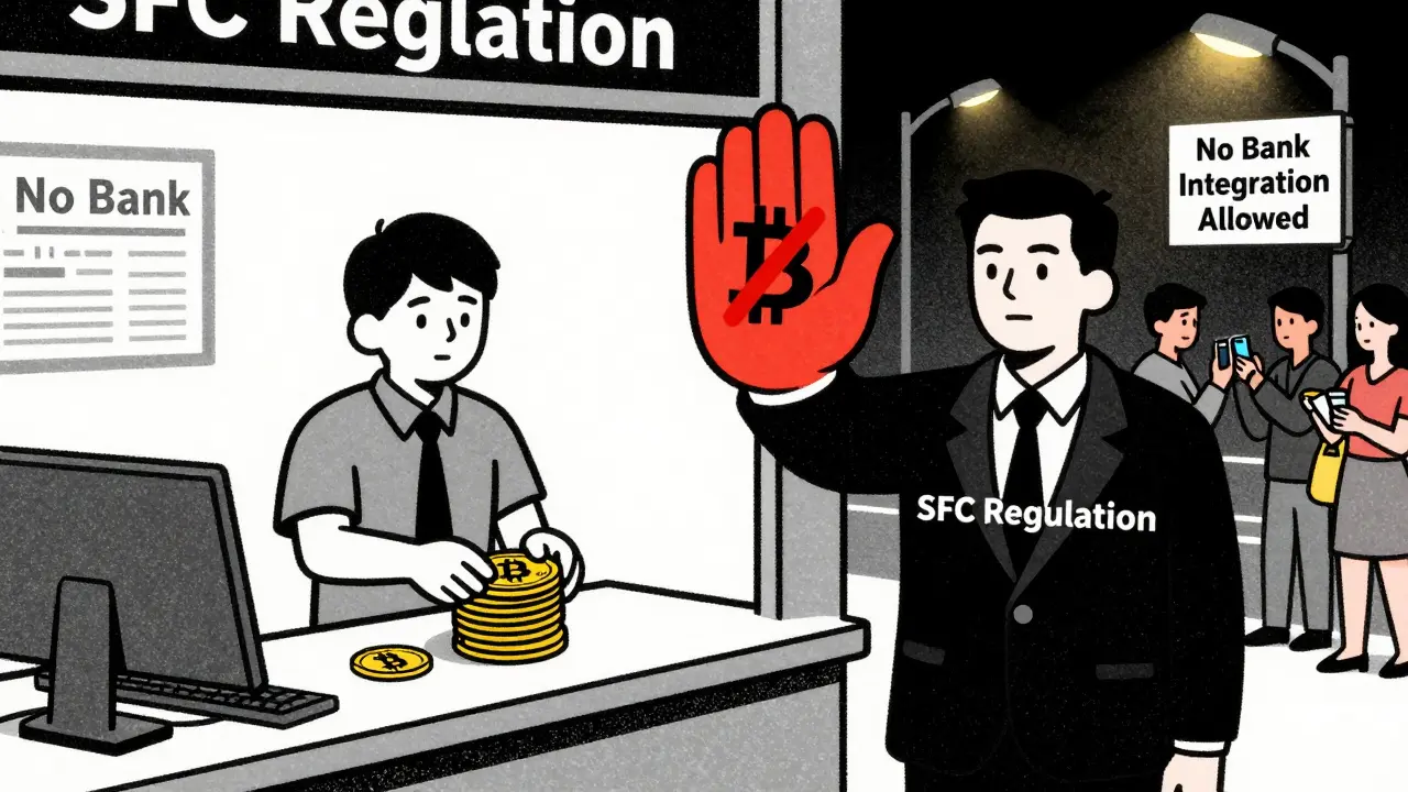 A business owner attempts to deposit Bitcoin into a bank, but a regulator blocks the transaction with a stop sign.