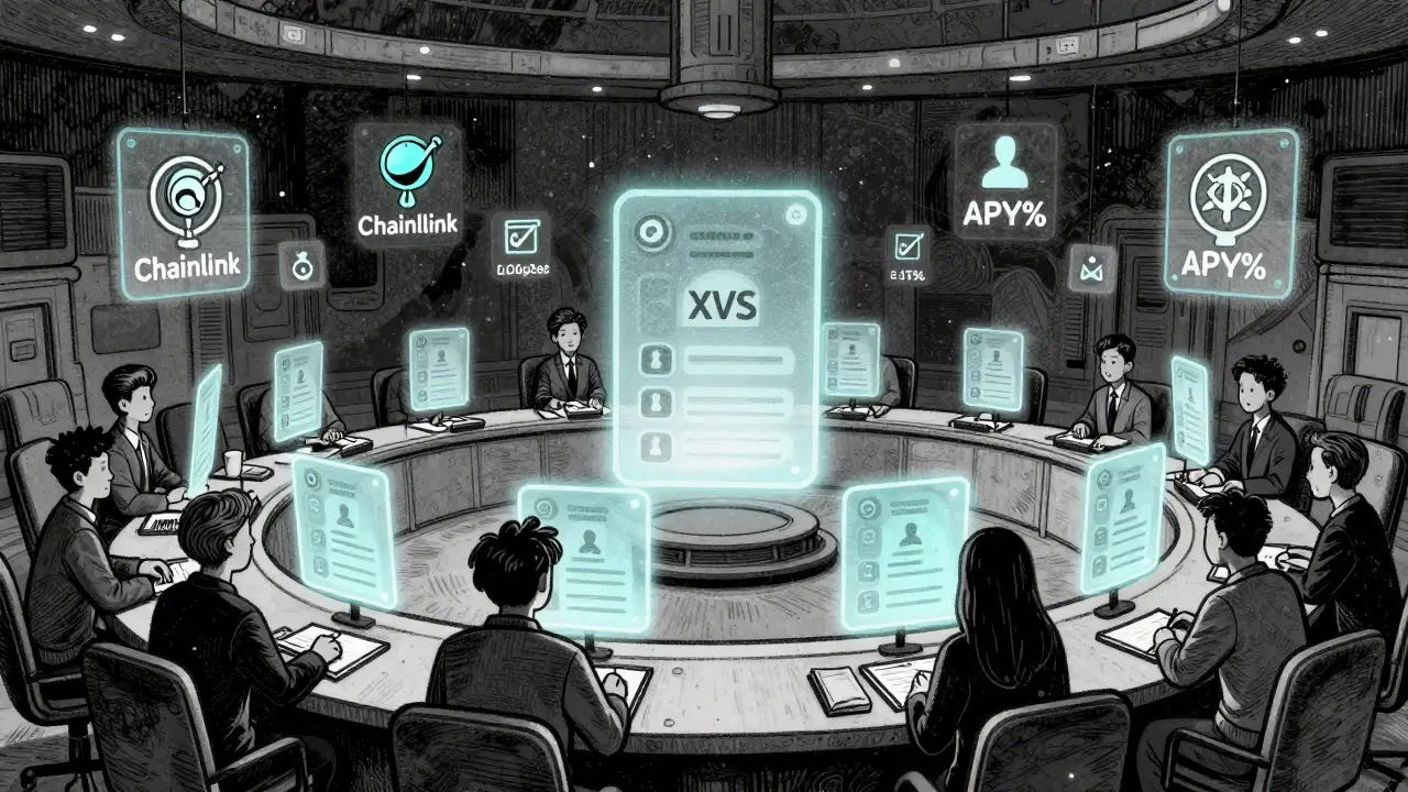 A council of abstract figures votes on DeFi protocol changes using floating holographic ballots.