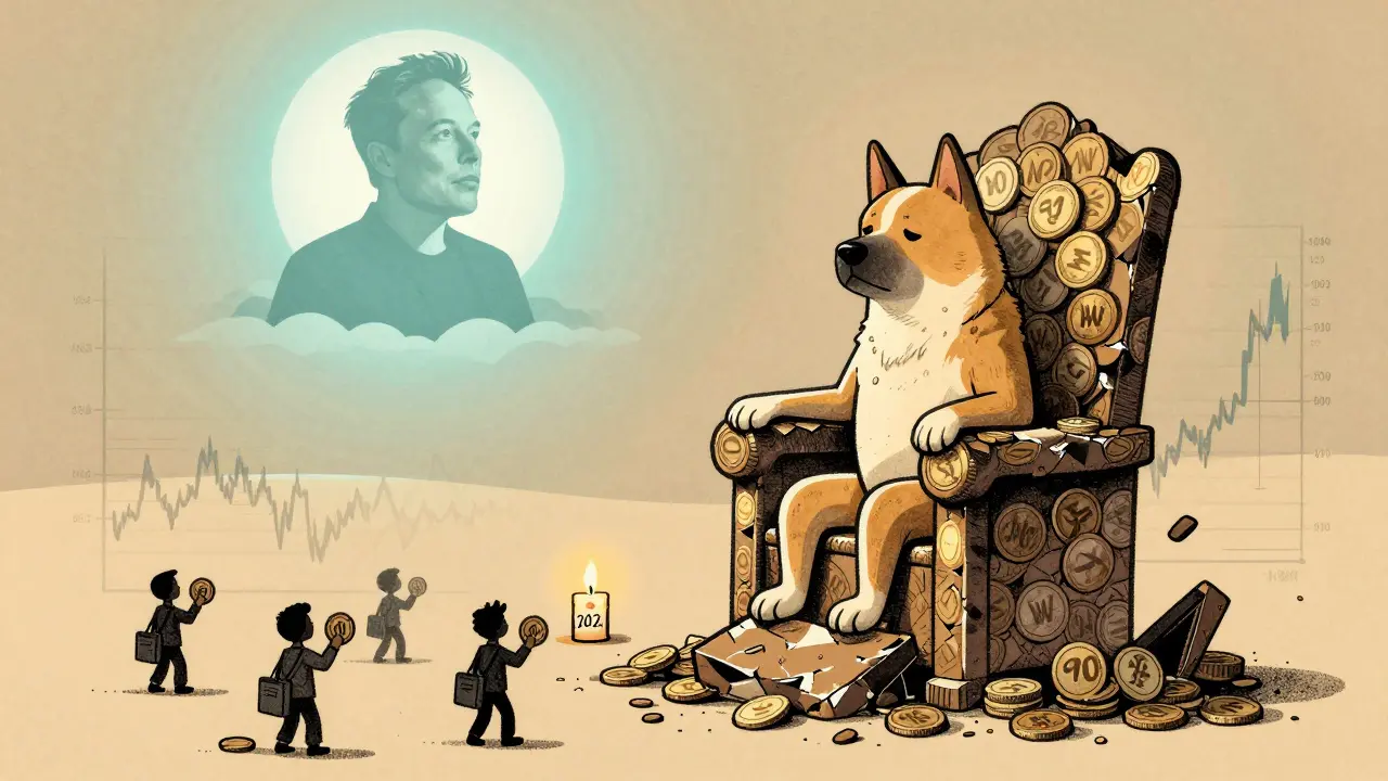 A lonely Doge on a token throne gazing at a distant Elon Musk silhouette under fading market graphs.
