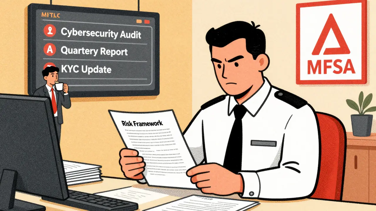 A regulator reviewing thick compliance documents in Malta’s MFSA office with digital alerts glowing in the background.