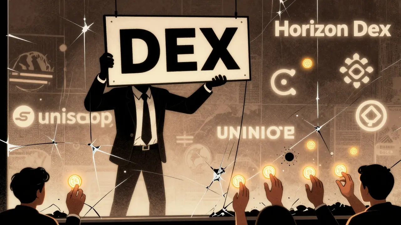 A shadowy figure uses a 'DEX' sign to trick users into giving away crypto coins that disappear into black holes.