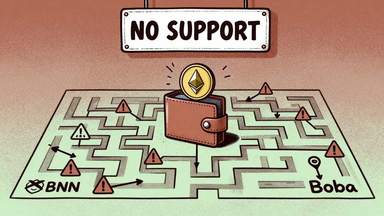 A tiny wallet floats above a confusing maze of blockchain networks with warning signs.