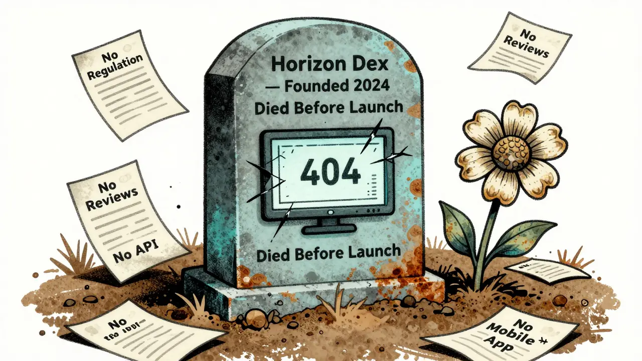 A tombstone for Horizon Dex with broken monitor showing 404 error, surrounded by signs of missing features and regulation.