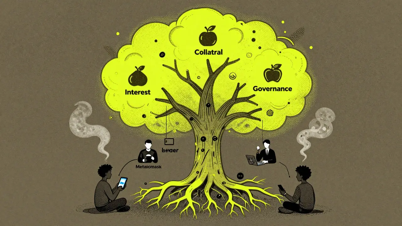 A tree with smart contract roots bears fruit labeled 'Interest' and 'Collateral' as users connect their wallets.