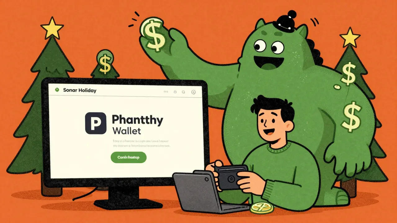 A user connects their wallet to a fake site as a monstrous 'Sonar Holiday' creature reaches out with transaction tentacles.
