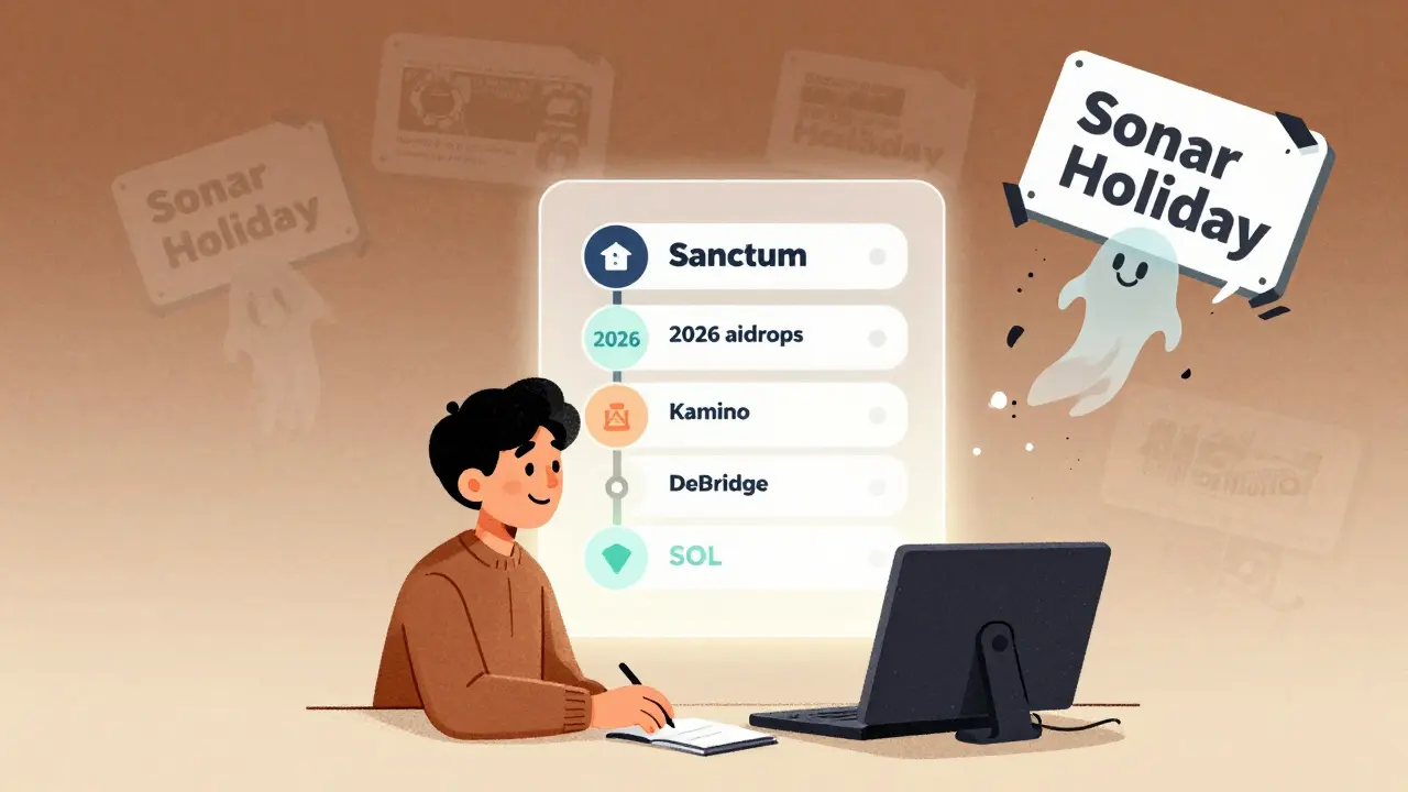 A user stakes SOL on a legitimate platform while fake 'Sonar Holiday' signs crumble into dust in the background.