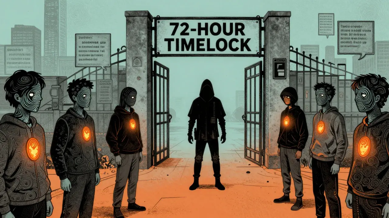 Anonymous voters use zero-knowledge proofs and soulbound tokens to secure a DAO behind a 72-hour timelock.